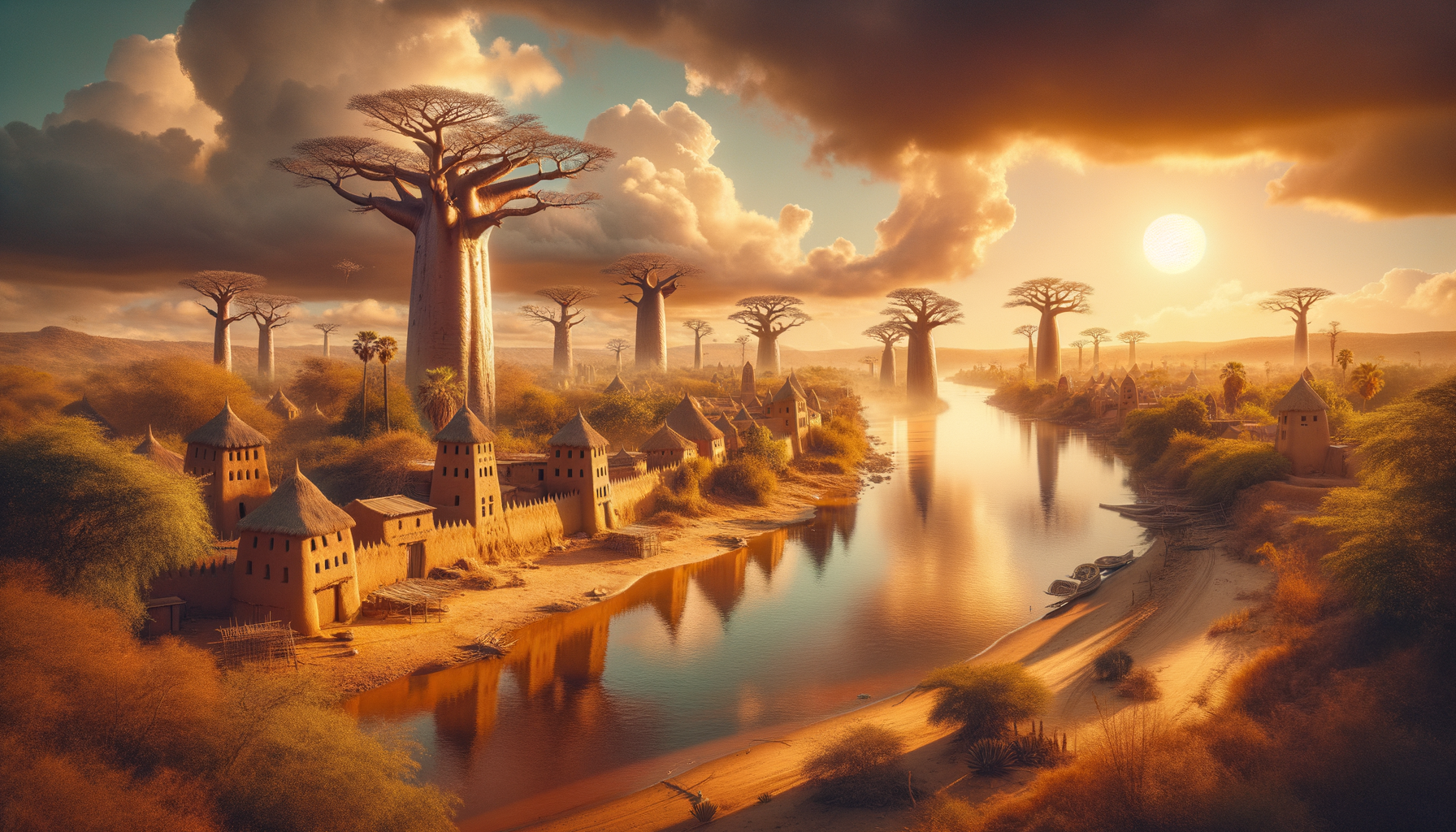 Paysage de la vallée du fleuve Sénégal dans la région du Fouta-Toro, architecture traditionnelle toucouleur et baobabs